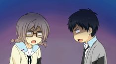 two stylized cartoon characters with exaggerated features in the midst of an argument.  the female character, on the left, has silver hair and is wearing glasses and a yellow and white sailorstyle uniform top. the male character on the right, has short black hair and is wearing a white shirt, gray jacket, and black tie.  the background is a gradient of purple and blue.