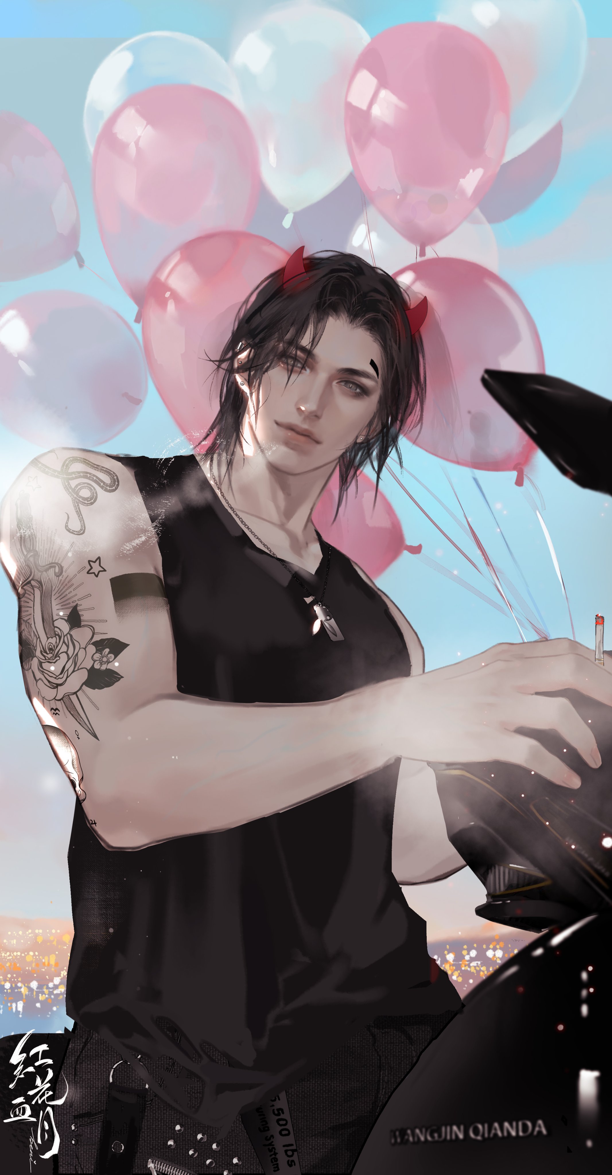 the image shows a young man with black hair and red horns, suggesting a devilish or rebellious persona. he sports a black tank top that reveals a tattoo on his left arm and a silver cross necklace. he is holding the handlebars of a motorcycle and is surrounded by pink balloons, creating a striking contrast between his edgy appearance and the playful atmosphere. the city skyline provides a backdrop, hinting at a bustling urban setting. the image utilizes soft lighting, enhancing the character's features and lending a dreamy quality to the overall composition.