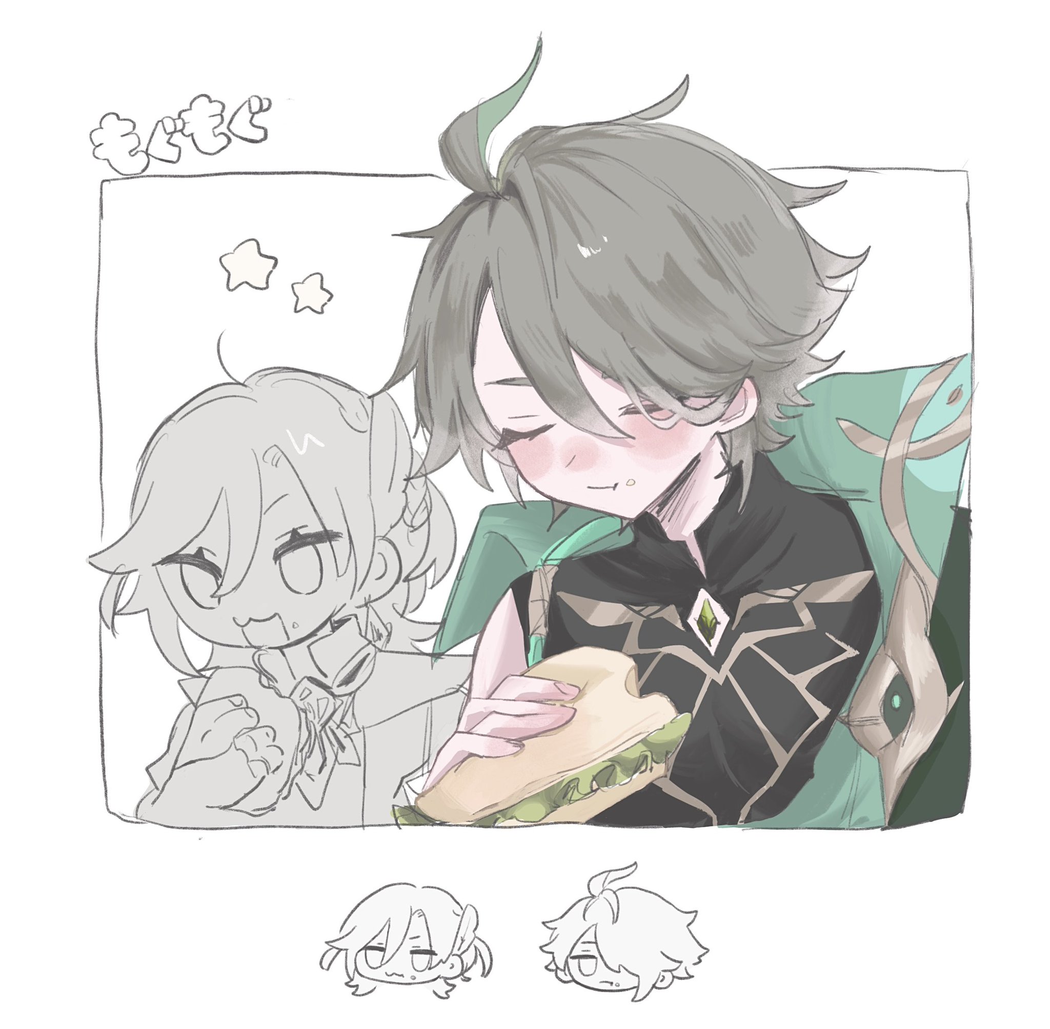 he image is a fanart drawing of albedo from genshin impact in a chibi style. he is depicted happily eating a sandwich. there is a smaller, less detailed sketch of another character beside him who seems to be also eating something. there are also two smaller sketches at the bottom of the image showing slightly different expressions.  the overall style is soft and pasteltoned. the drawing is done in a loose, slightly messy style, suggesting a quick sketch or doodle.  there is japanese text in the upper left corner.