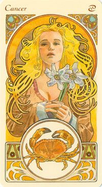 an art nouveau style illustration depicts the astrological sign cancer. a woman with flowing blonde hair is holding a flower. below her is a circle with a crab in it. the word "cancer" is at the top left and the cancer symbol is at the top right.