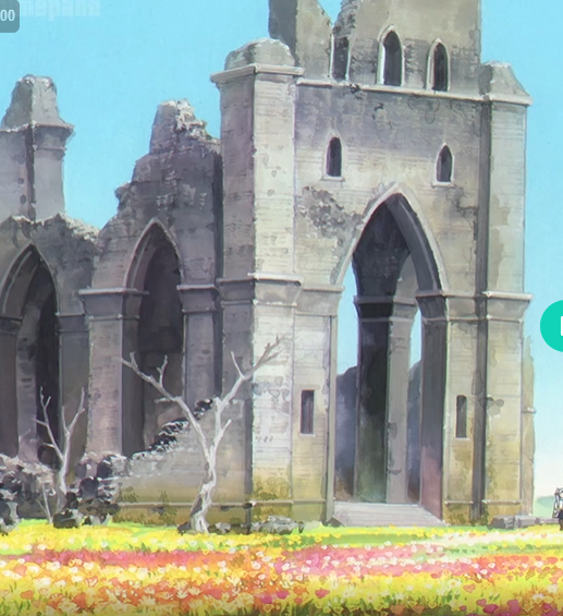 this is a digital artwork of what appears to be the ruins of an old cathedral. the structure, characterized by its gothic pointed arches and weathered stone, stands amidst a vibrant field of wildflowers.  the scene is set against a backdrop of a clear blue sky, suggesting a peaceful and idyllic atmosphere.