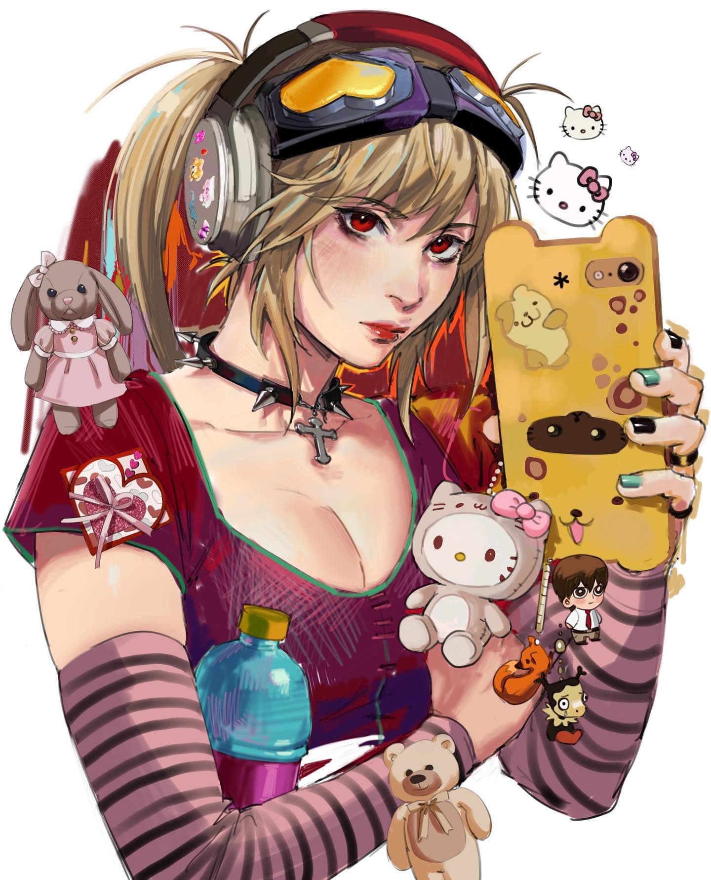 he image is a digital drawing of a cute anime girl. she has blonde hair styled in pigtails, red goggles, and pink and striped sleeves. she's wearing a red and pink top, a cross necklace, and has multiple kawaii accessories: a hello kitty phone case, hello kitty plushie, a teddy bear, and a bunny plushie.  she's also holding a water bottle and appears to be taking a selfie. the overall style is vibrant, colorful, and mixes cute and slightly punk elements. the background is mostly white, focusing attention on the character.