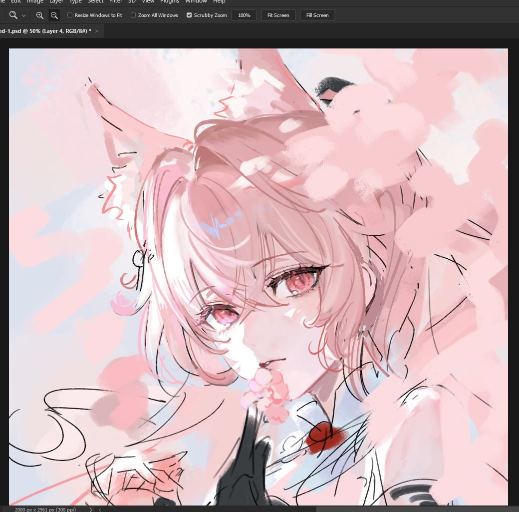 the image is a digital painting in progress, showing a closeup of an animestyle girl with pink hair and fox ears. she has rosy cheeks and is holding some pink flowers. the art style is soft and delicate, with pastel colors and a slightly blurry, painterly effect.  the image is displayed in a photoshop window, with layer and resolution information visible at the bottom. the background is a blend of light pink and white.  the overall impression is one of sweetness and innocence.