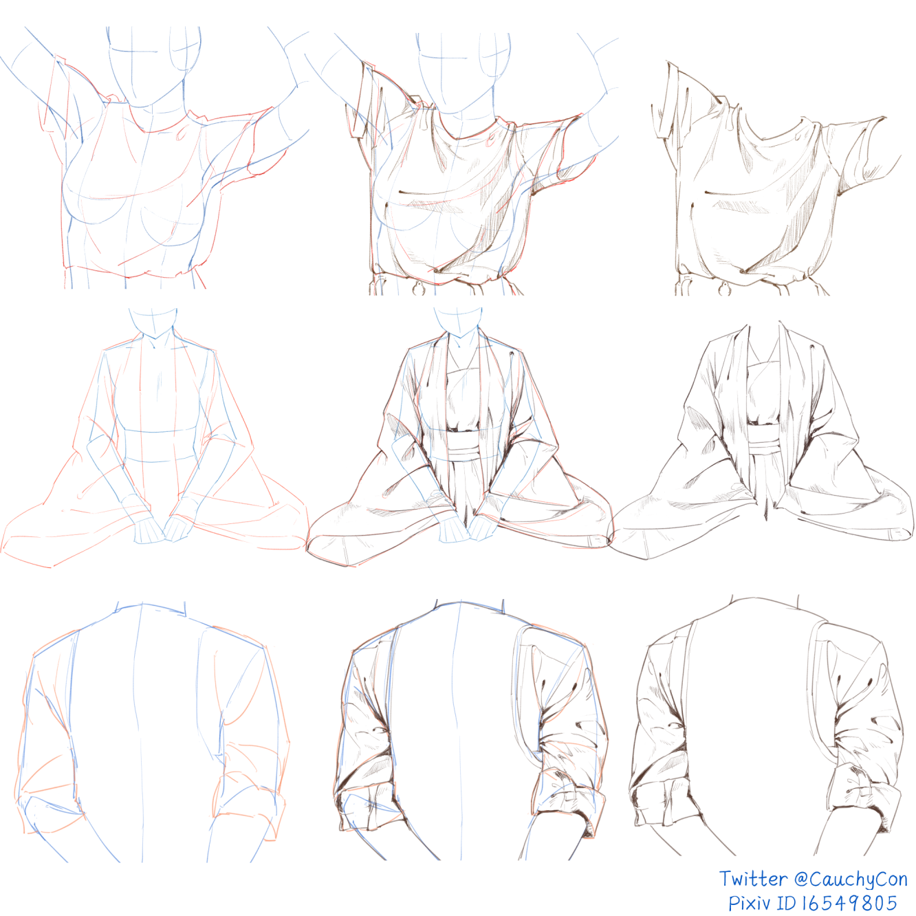 the image is a stepbystep tutorial on how to draw clothes and fabric folds. it shows a female figure in three different poses: with her arm raised, sitting crosslegged, and from the back. each pose is shown in three stages of completion: the basic figure outline, the clothes added on top, and the final drawing with shading and details.