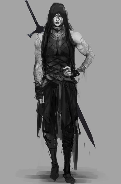 a drawing of a female warrior in a dark hooded outfit. she has armor on and is holding a sword with her right hand resting on her hip. the drawing is in black and white.