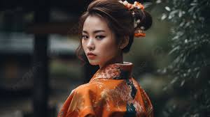 a woman with a styled updo adorned with flowers, stares intently at the viewer. she is wearing a vibrant orange and black floral kimono. the background is a blur of green and brown tones, suggesting a garden or wooded area.