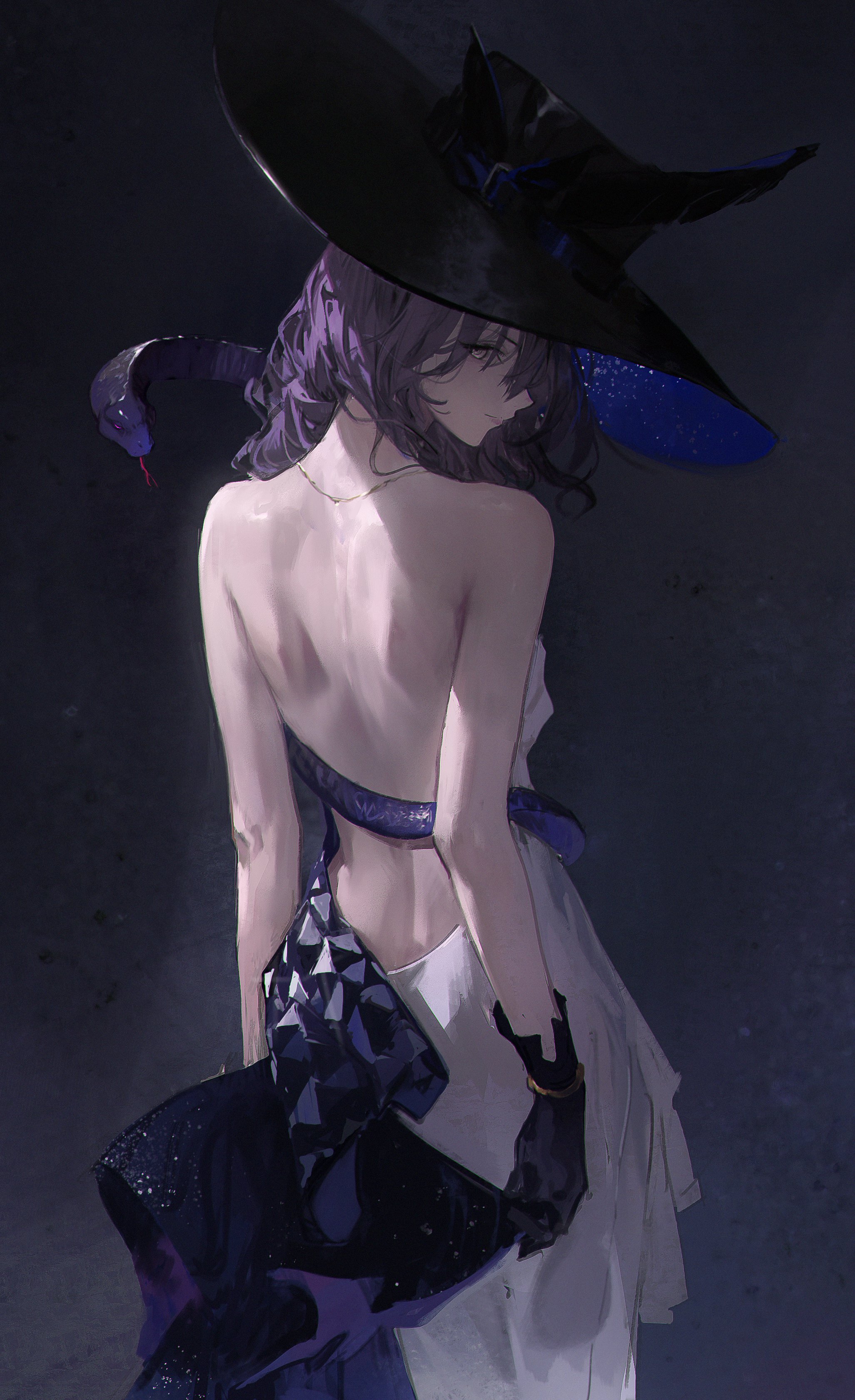 the image is a digital painting of an animestyle woman. she is wearing a large, widebrimmed black hat with blue accents, a backless dress with purple and black details, and black gloves. a snake is wrapped around her back and dress. her purple hair is loose and flowing. she is depicted from the back, showing off her bare back and elegant posture. the overall style is dark, mystical, and elegant, with a focus on the woman's mysterious and beautiful form. the background is dark and moody, enhancing the mysterious atmosphere.