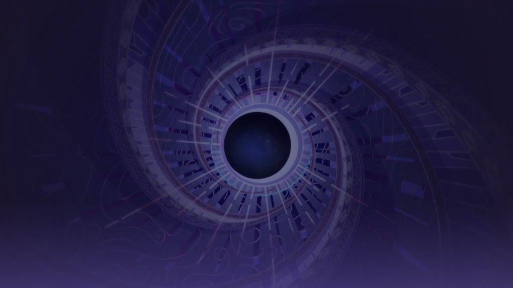 a digital illustration of a blue and purple spiral pattern with a circle in the center. the pattern is abstract and looks like a futuristic technology design.