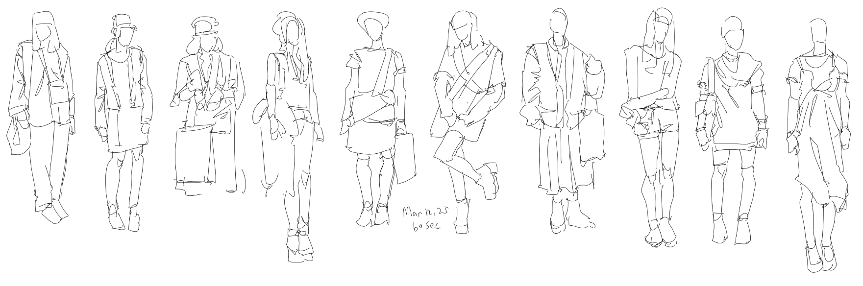 the image is a collection of fashion sketches of standing figures, likely drawn quickly in a sketchbook style. the figures are wearing various styles of clothing, including hats, coats, dresses, handbags, and boots. the drawings are done in line art, and the figures are posed in different ways. the overall style suggests casual wear or street style fashion. the date "mar 12, 23" and time "60 sec" are written next to one of the figures, indicating these are quick sketches done in about a minute each.