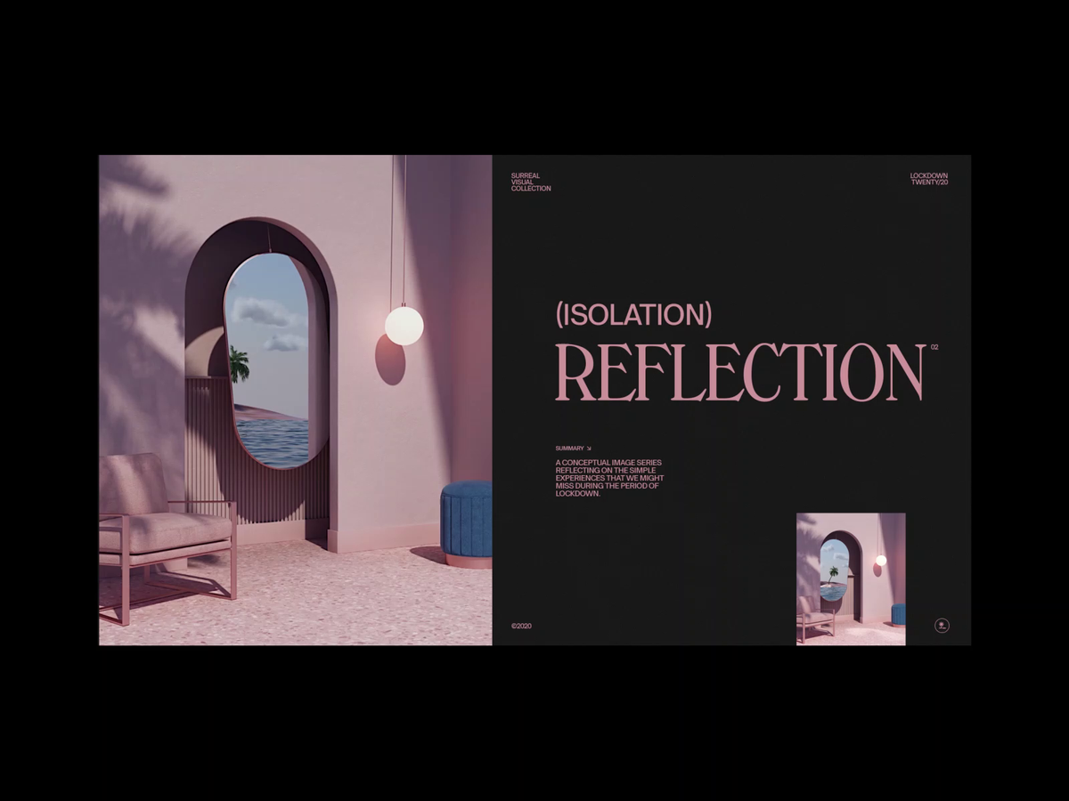 the image is a surreal and minimalist artwork that depicts a scene of reflection. it features a pink room with an arched window that leads to a beach with a palm tree in the distance. the reflection of the beach and sky can be seen in a mirror that is placed within the arched window. the room is illuminated by a single lamp hanging from the ceiling, casting a shadow on the wall. there is a chair and a blue ottoman in the room, which adds a sense of solitude. the image suggests a sense of isolation and contemplation, perhaps alluding to the experiences during the period of lockdown. the overall tone of the image is melancholic yet serene, inviting viewers to reflect on their own experiences during that time.