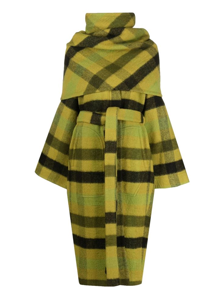 a yellow and black plaid coat with a belted waist and a high collar.