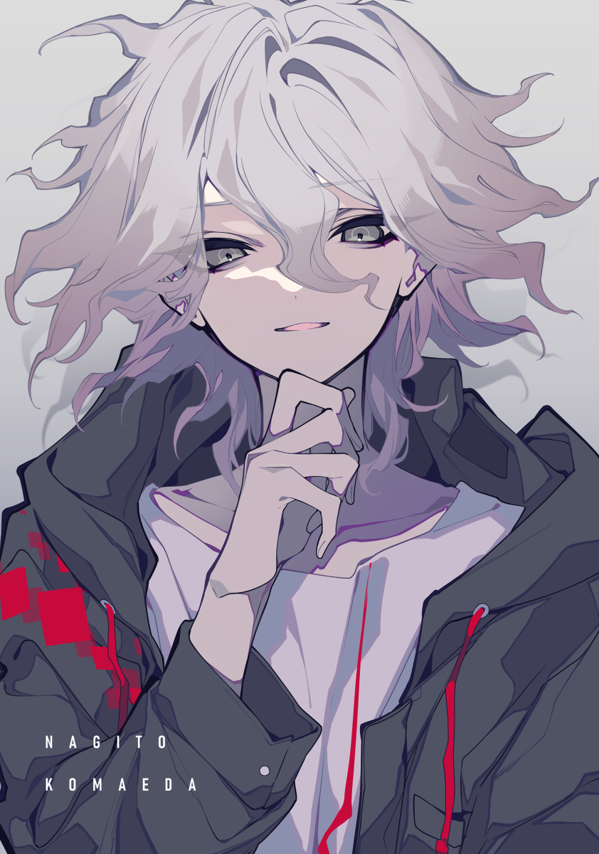 a digital fan art illustration of nagito komaeda from the danganronpa series. he has white hair, grey eyes, and a smirk on his face. he is wearing a black jacket with red markings, a white shirt underneath. he has his hand on his chin in a thoughtful pose.
