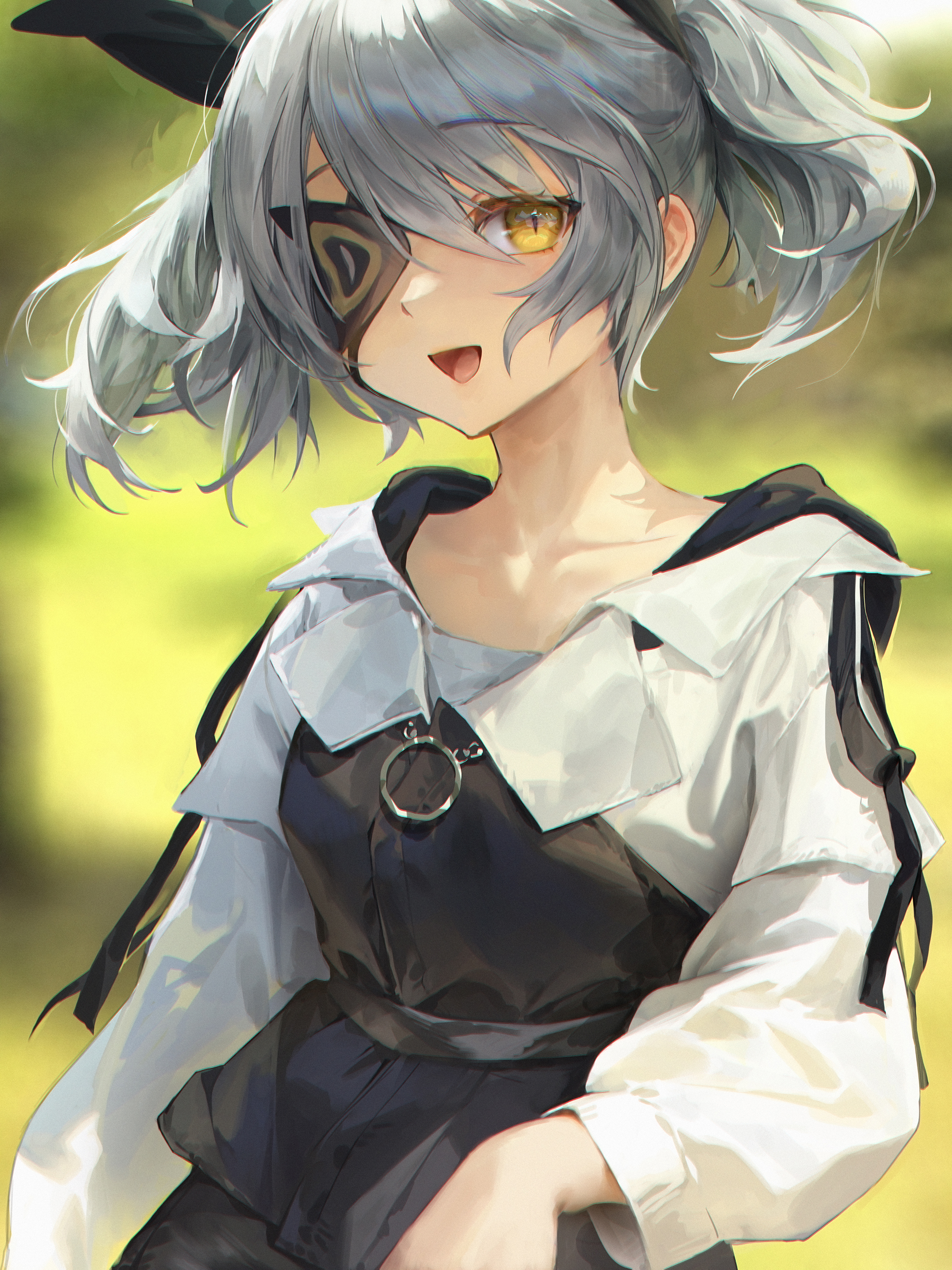 the image is a digital painting of an anime girl with gray hair styled in two low pigtails. she has a yellow eye and an eyepatch covering her other eye. she is wearing a white shirt with puffy sleeves over a black dress. the girl has a cheerful expression and is shown outdoors in a bright, sunny environment. the art style is soft and painterly, with a focus on light and shadow to create a sense of depth and realism.