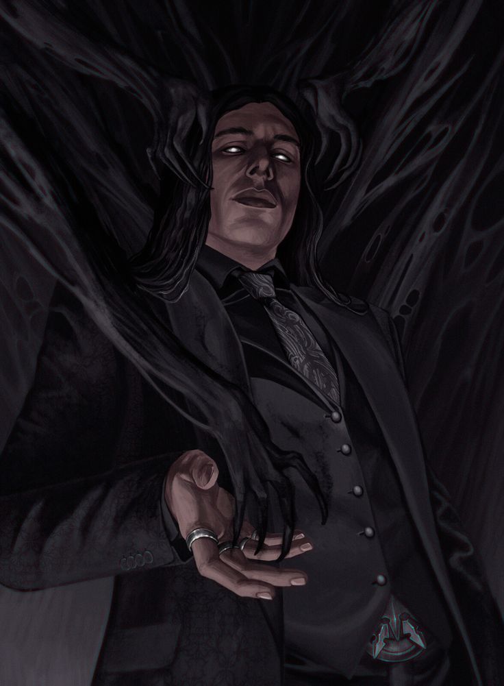 a man in a dark suit, tie, and vest stands with an evil expression on his face as he reaches his hand out. his hand is partially obscured by shadows and he has a ring on his finger. the background is dark and shadowy, with a sinister, gothic atmosphere. the man appears to be in a fantasy or horror setting.