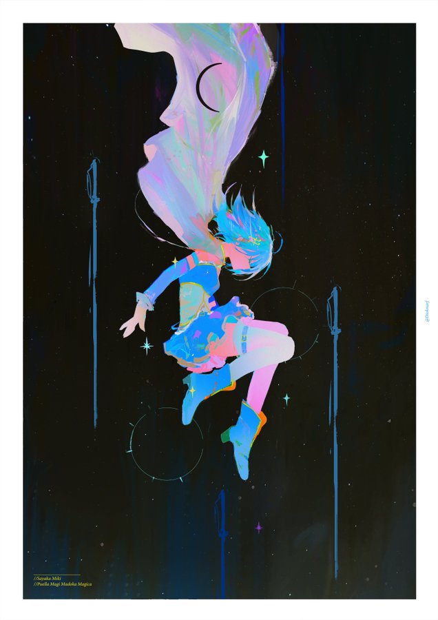 a young woman with blue hair and a flowing, iridescent cape falls through a dark, starry night sky. she wears a blue and white dress with gold accents and boots that transition from pink to blue. three spears with glowing blue tips plummet around her. the overall aesthetic is ethereal and magical.
