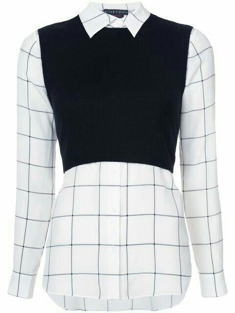 a white, longsleeved buttonup shirt with a black plaid pattern is layered with a black sweater vest. the shirt collar peeks out above the vest. the shirt is buttoned down the front and has a curved hem.