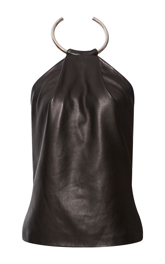 a black leather halter top with a silver collar. the top is sleeveless and has a fitted silhouette. the collar is made of a single circle of metal. the top is likely for women.  the image shows the front of the garment.