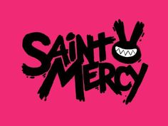 this is the logo of saint mercy. it features the brand name in black brush script with a bunny graphic above. the background is bright pink.