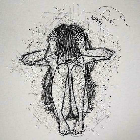 a black and white sketch of a woman sitting with her head in her hands, with the word "anxiety" written on the page.  the woman's body is drawn with fine, delicate lines that are reminiscent of a web, suggesting a feeling of being trapped or entangled. the overall feeling of the sketch is one of sadness, loneliness, and despair.