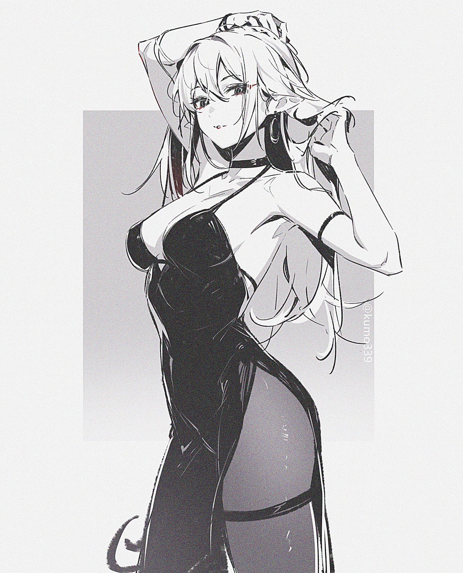 a grayscale animestyle drawing of a woman in a black dress and thighhigh stockings, with blonde hair and a choker, posing with her hand on her head in front of a background. the image has a watermark.