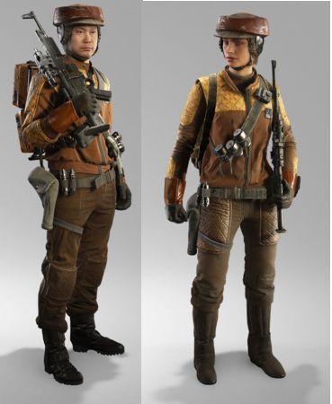 a female and male rebel soldier are standing sidebyside, both armed with blasters. they are wearing brown and orange military uniforms and helmets. the female soldier's blaster is in her hand, while the male soldier's blaster is slung over his shoulder. the male soldier has a determined expression on his face. the female soldier has a more relaxed expression. the background is a solid gray.