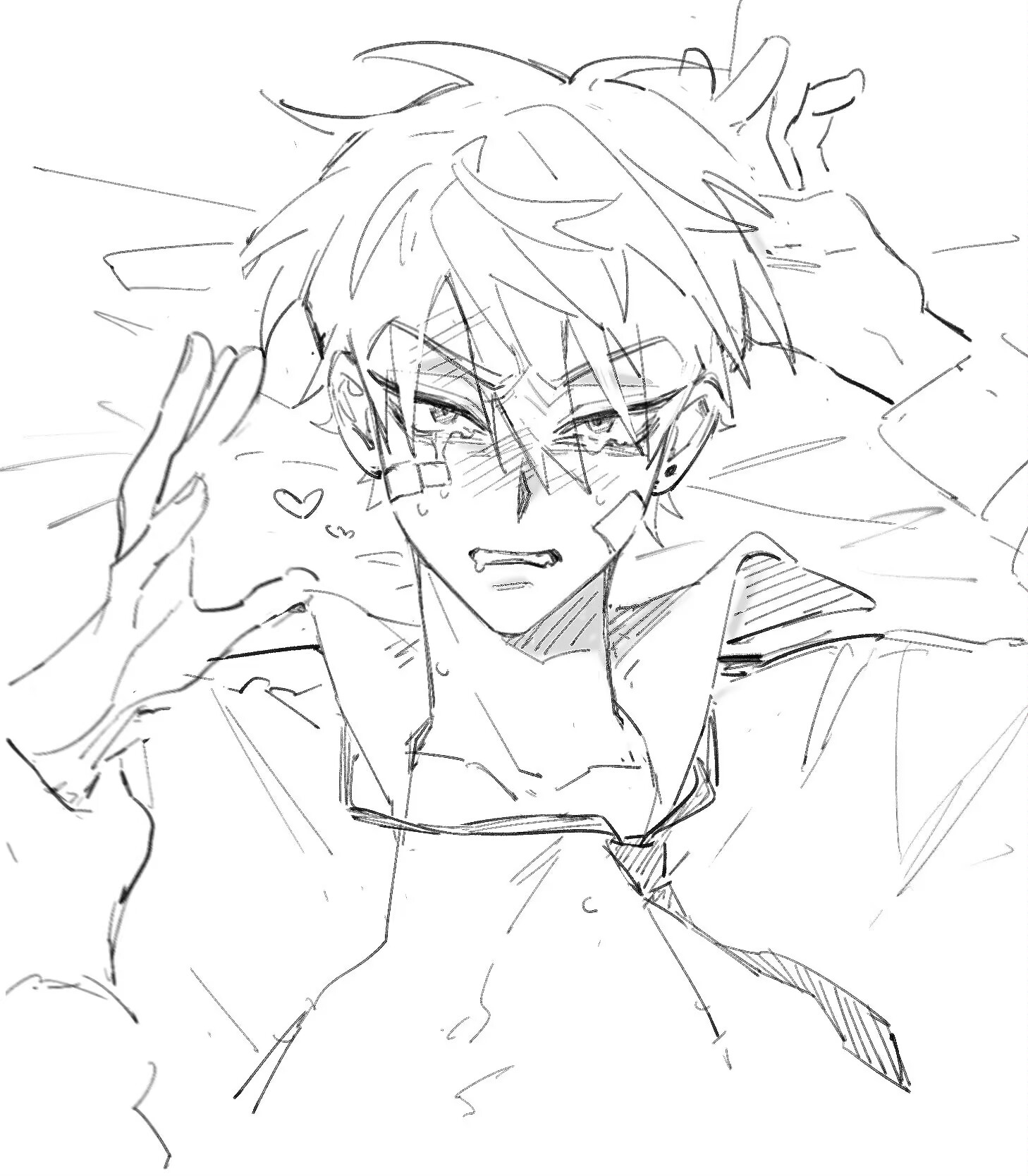 a sketch of an anime boy with his head turned away from the viewer. he is crying and his face is contorted with sadness. he is wearing a jacket and has his arm around his head. he is surrounded by a soft, hazy background.  the image appears to be a sketch, drawn in black and white lines, with a grainy texture. the figure is depicted in a simple, yet expressive style. the overall impression is of a person in a state of deep emotional distress.
