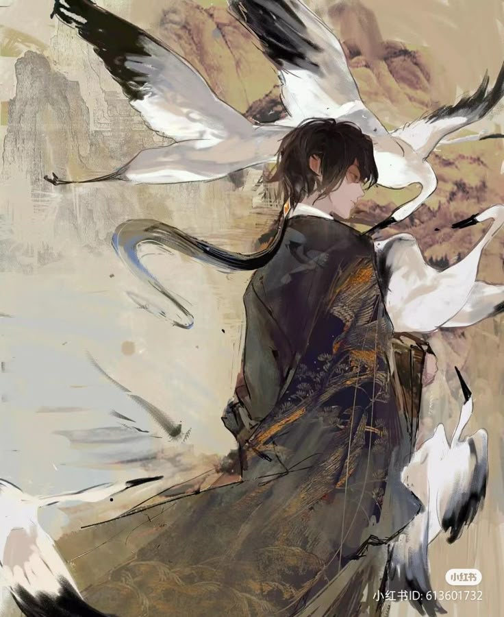 the image is a digital painting depicting a man in traditional asian clothing, surrounded by white cranes. the man has dark hair and is viewed from the side. he wears flowing robes in muted colors, with golden accents. the background features a landscape in similar muted tones, blending seamlessly with the cranes and the man. the style is artistic and elegant, resembling traditional asian painting with a modern, digital touch. the character appears to be zhongli from genshin impact.