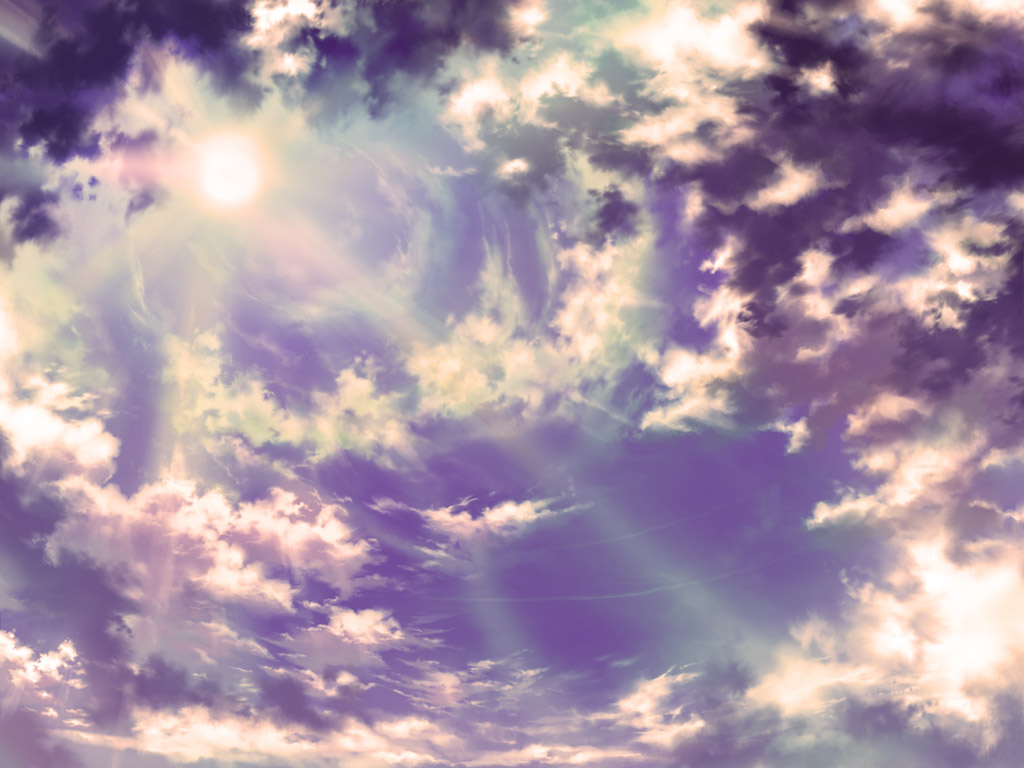 the image depicts a sky filled with clouds illuminated by sunlight. the overall color palette is dominated by shades of purple and white, creating an atmospheric and potentially heavenly scene. sunlight streams through the clouds, creating visible rays of light.