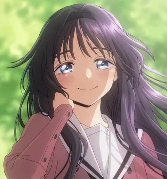 the image shows a closeup portrait of a young anime girl with long, flowing purple hair. she is blushing and has a gentle smile on her face, with a few happy tears in her eyes. she is wearing a maroon school uniform with white collar. the background is a soft, outoffocus green, suggesting an outdoor setting. the style is reminiscent of modern anime and manga illustrations.  the overall mood is sweet, peaceful, and heartwarming.