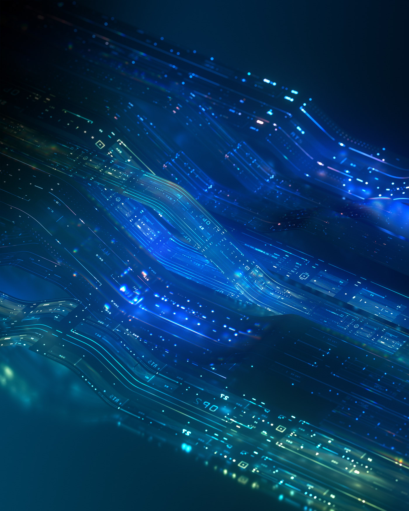 a digital art piece of glowing blue circuitry.
