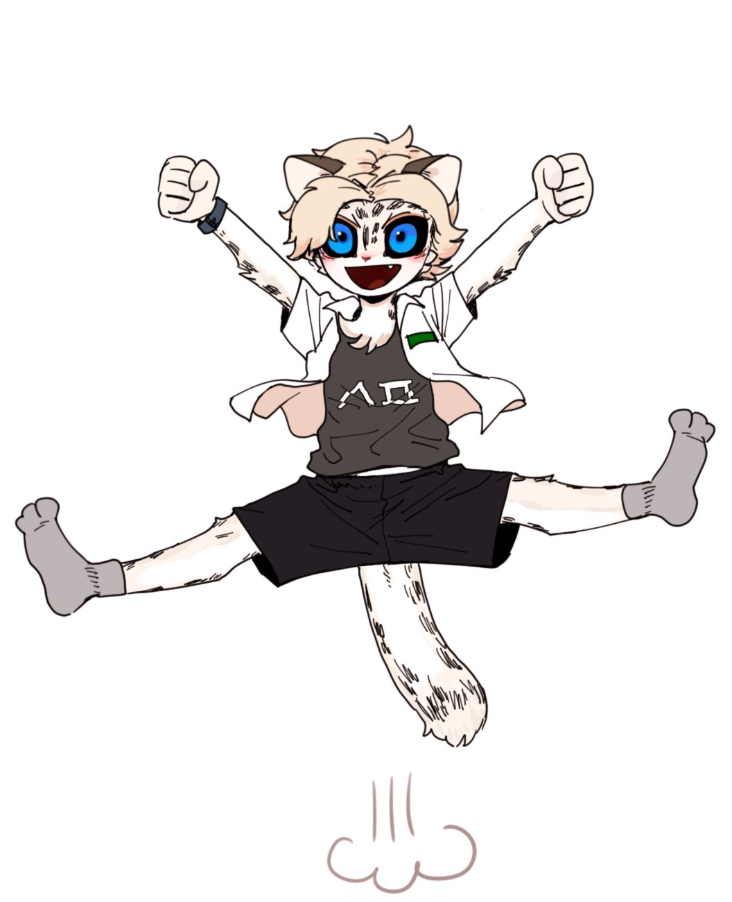 a furry cartoon catlike anthropomorphic creature with white fur and a black tail is jumping in the air, it has a white shirt with black collar and black shorts, it also has black socks and white shoes, it's smiling while jumping and looking up, it has a black cloud behind it.