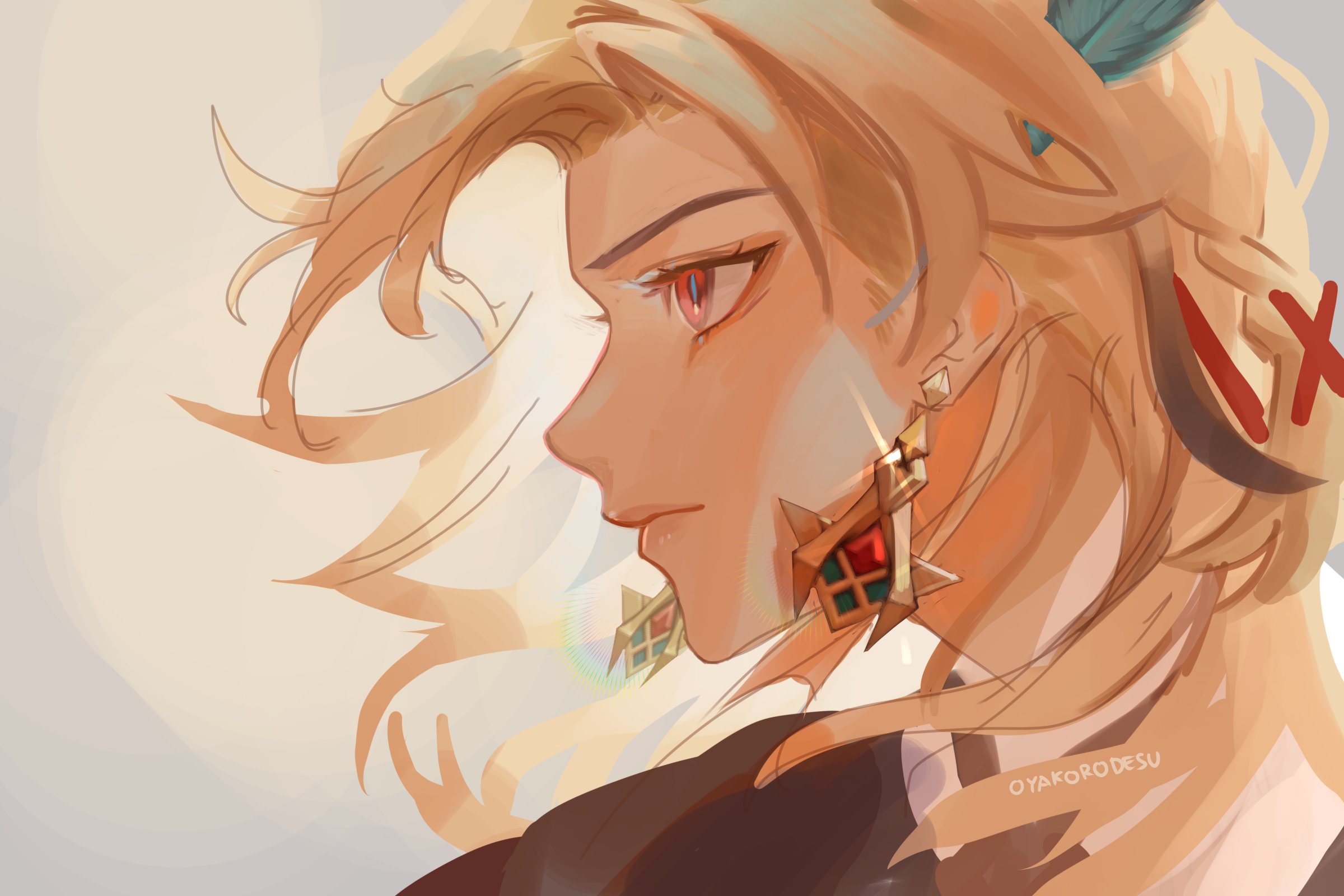 a digital painting of a young woman with long blonde hair, wearing a golden earring with a red gem. she is looking away from the viewer with a serene expression, her hair flowing behind her. the painting is done in a simple and minimalist style, with soft, muted colors and a white background. the overall impression is one of elegance and beauty.
