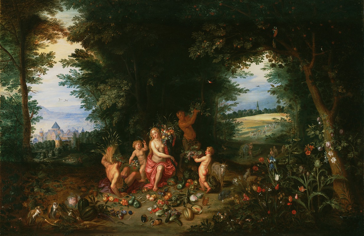 this is an allegorical painting of a lush forest scene. a central female figure, adorned with flowers, sits amidst an abundance of fruit and vegetables. putti (cherubic figures) surround her, one offering flowers, another holding wheat. a satyr stands behind, gathering fruit from a tree. animals, including monkeys and a goat, are present in the foreground. in the background, a landscape unfolds with buildings, fields, and grazing animals. the scene has a classical, baroque style and evokes themes of abundance and nature.