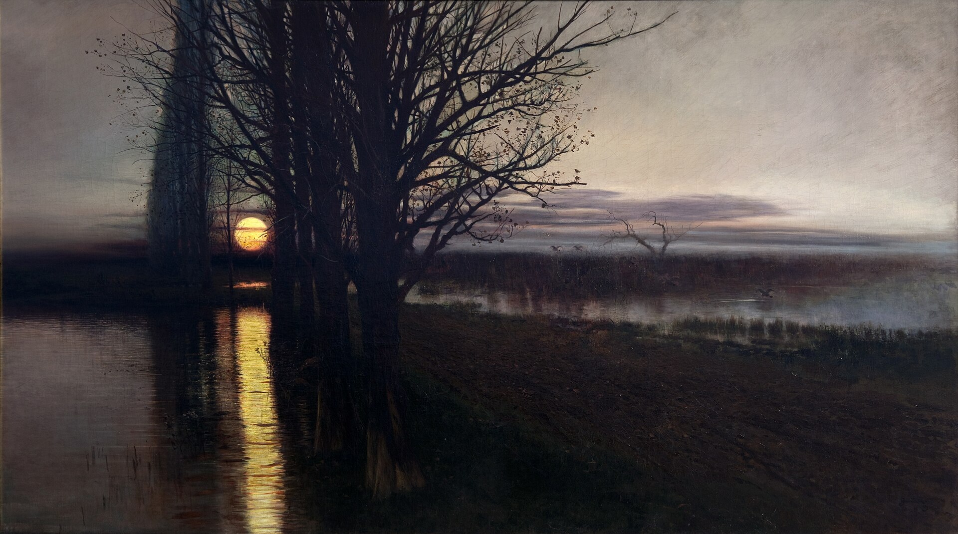 a dark and moody landscape painting featuring a row of silhouetted trees along a body of water, likely a marsh or wetlands. the setting is at sunset or dusk, with an orange and yellow sun setting on the horizon, reflected in the water. the scene has a melancholic and somber atmosphere, dominated by dark tones of black and gray. birds are flying across the distance.