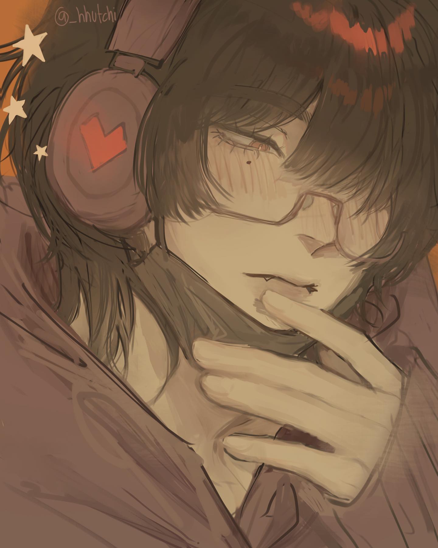 the image is a digital drawing or painting in an anime/manga style. it depicts a closeup portrait of a young person with dark, long hair partially covering their face.  they are wearing oversized headphones with a red lshaped logo, glasses, and a dark garment. their hand is gently touching their face near their mouth, and their expression is pensive and somewhat melancholic. the color palette is muted and subdued, primarily consisting of browns, oranges, and beige tones.  the art style emphasizes soft shading and textures, creating a soft, almost dreamy atmosphere. the overall mood is quiet and contemplative.