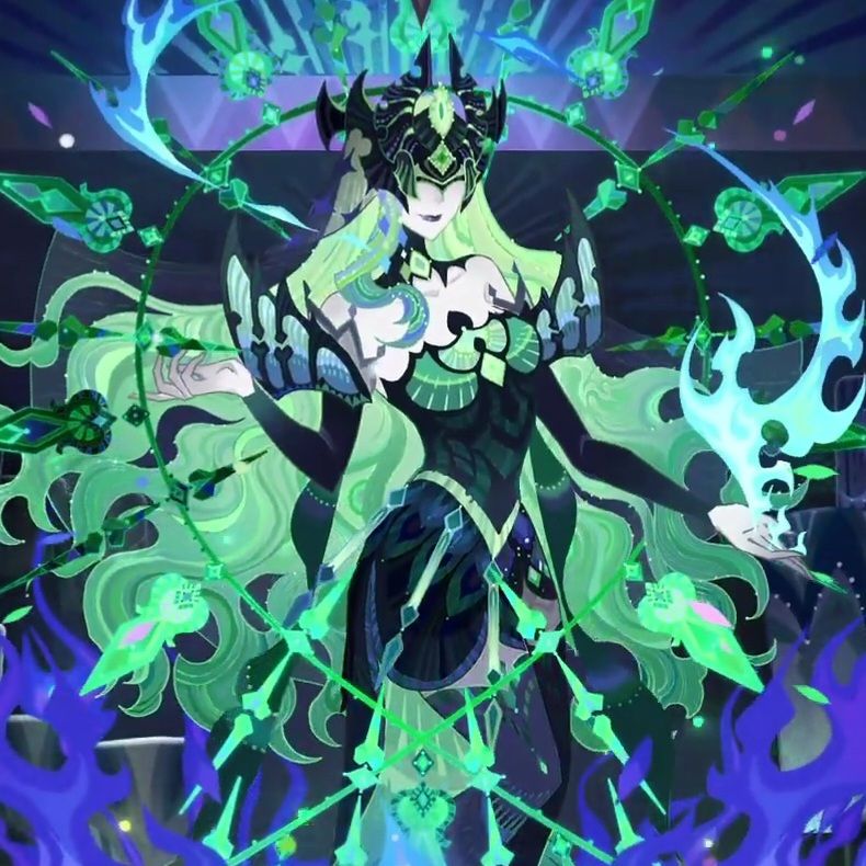 the image showcases a powerful female character, likely a sorceress or goddess, radiating with magical energy. she stands confidently amidst swirling green flames and intricate, glowing patterns, suggesting her mastery over magic. her attire is a striking combination of black and green, adorned with intricate designs and sharp accents that highlight her formidable presence. her long, flowing green hair adds to the mystical aura surrounding her. the overall color scheme is dominated by vibrant greens, representing her connection to magic and nature, while the black adds a touch of mystery and power.