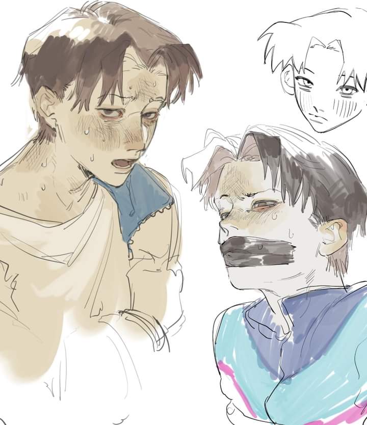 the image is a stylized sketch featuring two young men. the main figure on the left is drawn with visible sweat and a distressed expression. his clothes are simple and slightly disheveled.  the second figure, partially shown on the right, has his mouth covered with tape and appears to be in some form of distress or captivity. the overall mood of the image is uneasy and suggests a tense or unsettling situation.