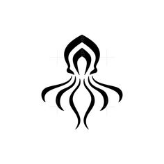 the image is a black and white logo of an octopus. the octopus is stylized and has a simple, minimal design. the octopus's head is shaped like a teardrop and its tentacles are curled up in swirls.