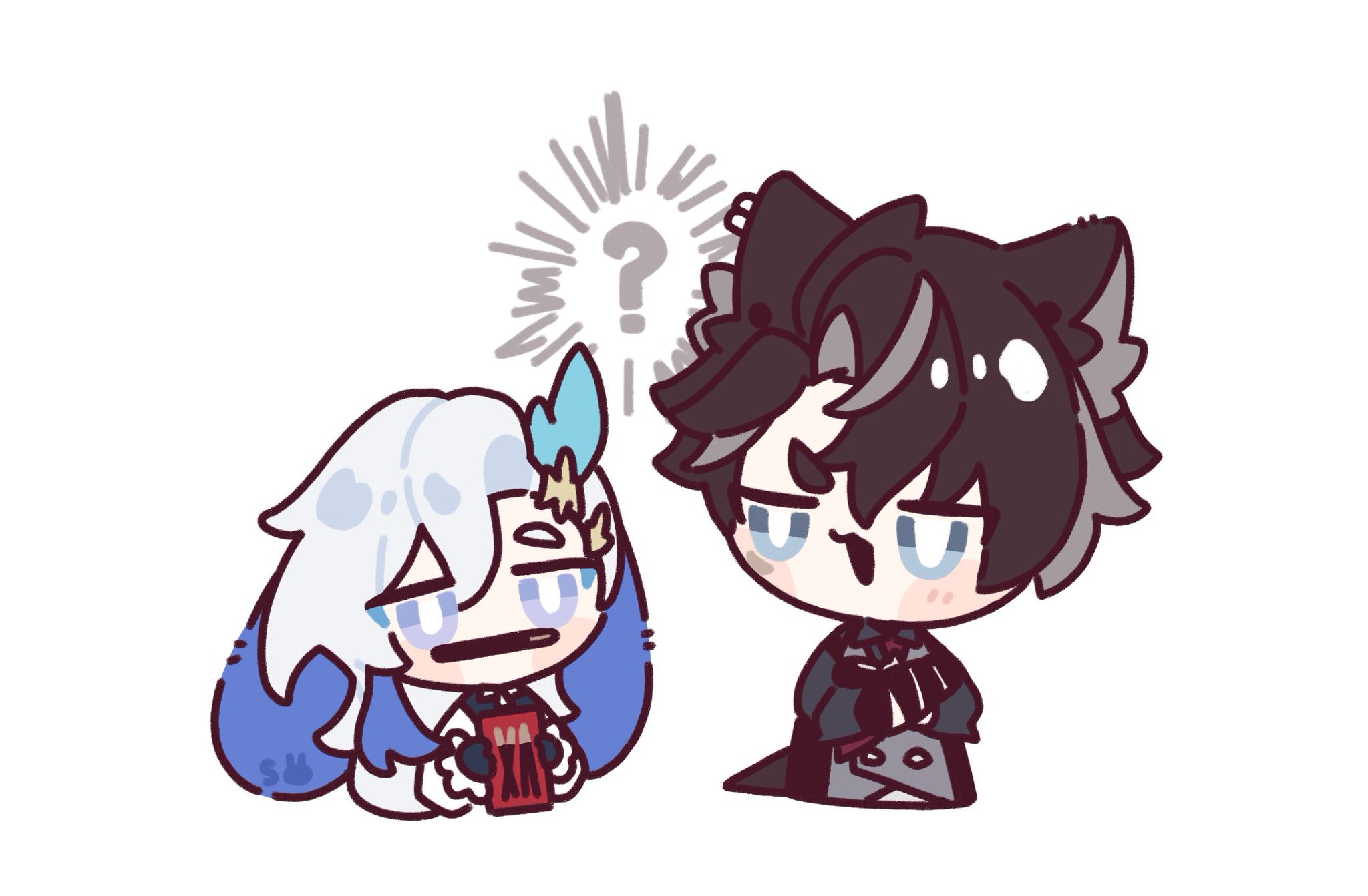 the image shows a chibistyle illustration of two animestyle characters.  one character has light blue and white hair and a blue tail fin, while the other has dark hair with gray streaks and wolflike ears. the character with the light blue hair is holding a small red matchbox, looking slightly unimpressed.  the other character looks slightly surprised and curious, indicated by a question mark above their head and their facial expression.  the style is cute and simple, with rounded features and minimal detail.  the background is plain white.