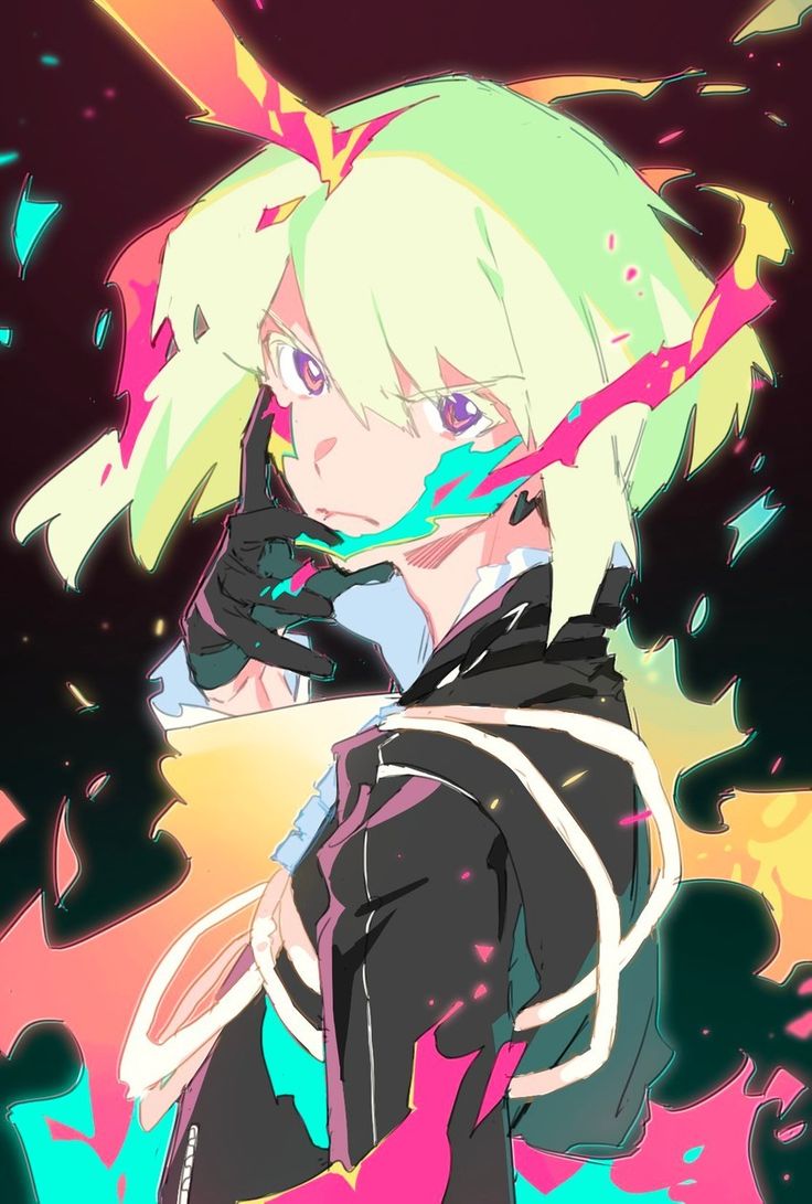 he image is a vibrant and stylized digital painting of an animestyle female character. she has bright neon green hair and is wearing a dark jacket with white accents. her expression is serious, and she has her hands up near her face.  the background is a mix of abstract shapes and colors, including bright pink, teal, and orange, which suggests flames or energy. the overall style is energetic, and the color palette is extremely saturated and high contrast. the character's design and color choices are reminiscent of anime like promare.