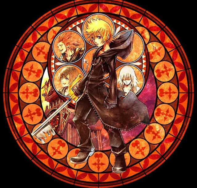 the image depicts a stainedglass style artwork featuring sora, the protagonist of the kingdom hearts video game series, standing triumphantly in the center. he is surrounded by four other key characters: riku and kairi in the top corners, axel/lea to the left, and roxas to the right.  behind sora is a silhouette of a castle and clock tower set against a sunset. the overall color scheme is warm, dominated by oranges, reds, and yellows, mimicking the effect of light shining through stained glass.  the artwork utilizes a frontal perspective, focusing on sora and the relationships between the characters.