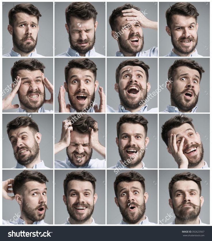 a collage of 16 images showing a bearded man expressing a variety of emotions, such as surprise, happiness, sadness, confusion, anger, disgust, fear, pain, frustration, humor, and funny. the man is wearing a casual shirt and is against a grey background.