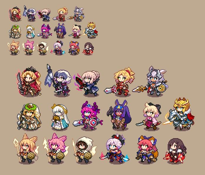 a collection of pixel art sprites depicting various female characters, likely from a roleplaying game (rpg). each character appears in multiple variations, possibly representing different classes, costumes, or powerups. the art style is chibi, featuring large heads and small bodies for a cute and stylized aesthetic.