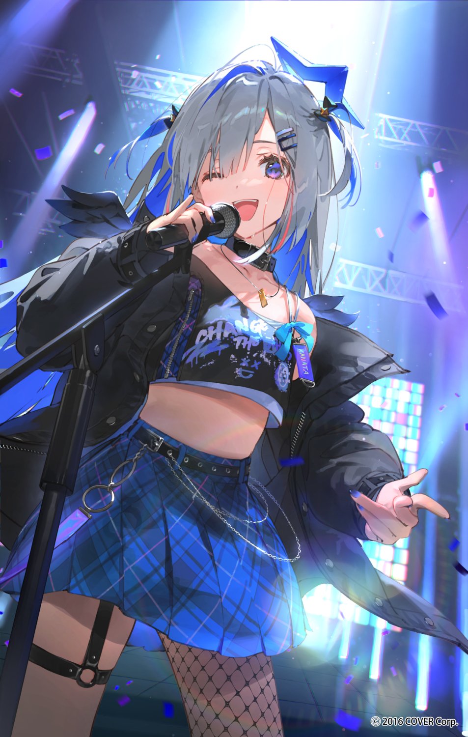 the image is a digital illustration of a young anime girl singing on stage. she has long, light gray hair with blue streaks, and is wearing a black jacket, a blue plaid skirt, fishnet stockings, and a choker.  she's holding a microphone and appears to be performing energetically in a brightly lit concert setting with confetti falling around her. the overall style is vibrant and dynamic, emphasizing the energy of the performance. the image is highly detailed and rendered with a smooth, almost painterly style.  the girl's expression is one of joyful singing.