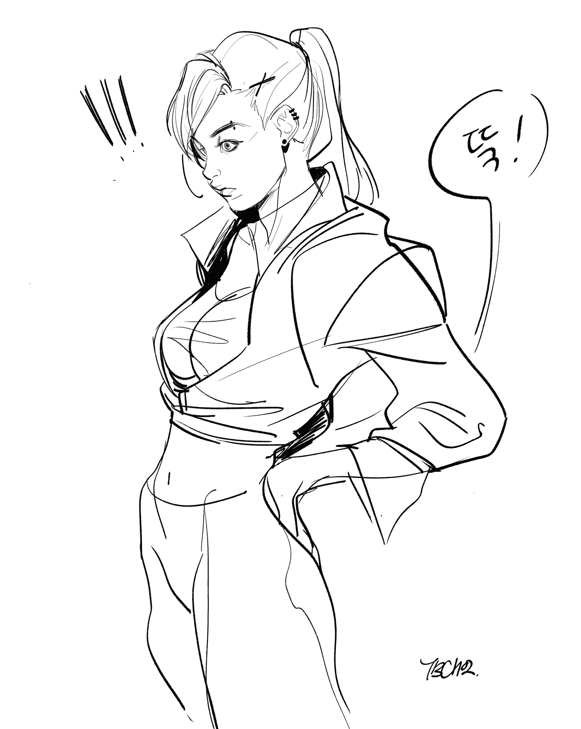 a line drawing of a young woman, possibly an anime or manga style character. she has a ponytail, earrings, and is wearing a stylish jacket and pants.  her expression appears slightly surprised or thoughtful, indicated by a speech bubble with an exclamation mark. the style of the art is loose and expressive, typical of a quick sketch or concept art. the artist's signature is visible in the bottom right corner.