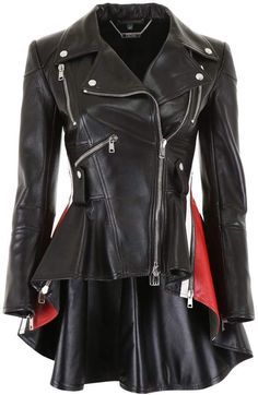 a black leather jacket with an asymmetrical design. the jacket has a zipper closure, a ruffled hem, and red trim. it is a stylish and edgy piece of clothing that would be perfect for a night out or a casual day. the jacket is made of highquality leather and is wellconstructed. it is a statement piece that is sure to turn heads.