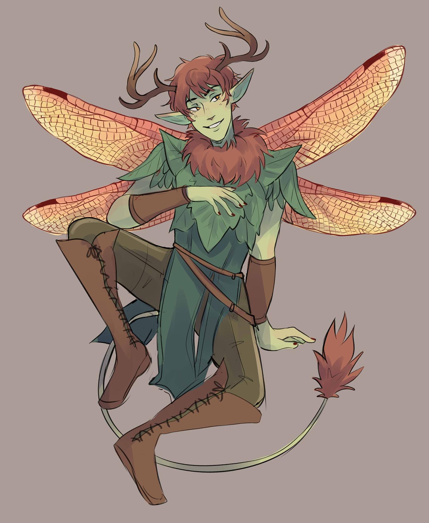 the image is a digital painting of a fantasy character, possibly an elf or fairy. he has green skin, brown hair, and large dragonfly wings with warm orange and yellow hues.  his head is adorned with antlers reminiscent of a deer. he wears clothing made of leaves and brown leather boots, and has a reddishbrown, leaflike tail.  he is seated with a playful, almost mischievous expression on his face, leaning slightly forward. the overall style is whimsical and suggests a character from a fantasy setting, possibly connected with nature and forests. the color palette is muted and earthy.