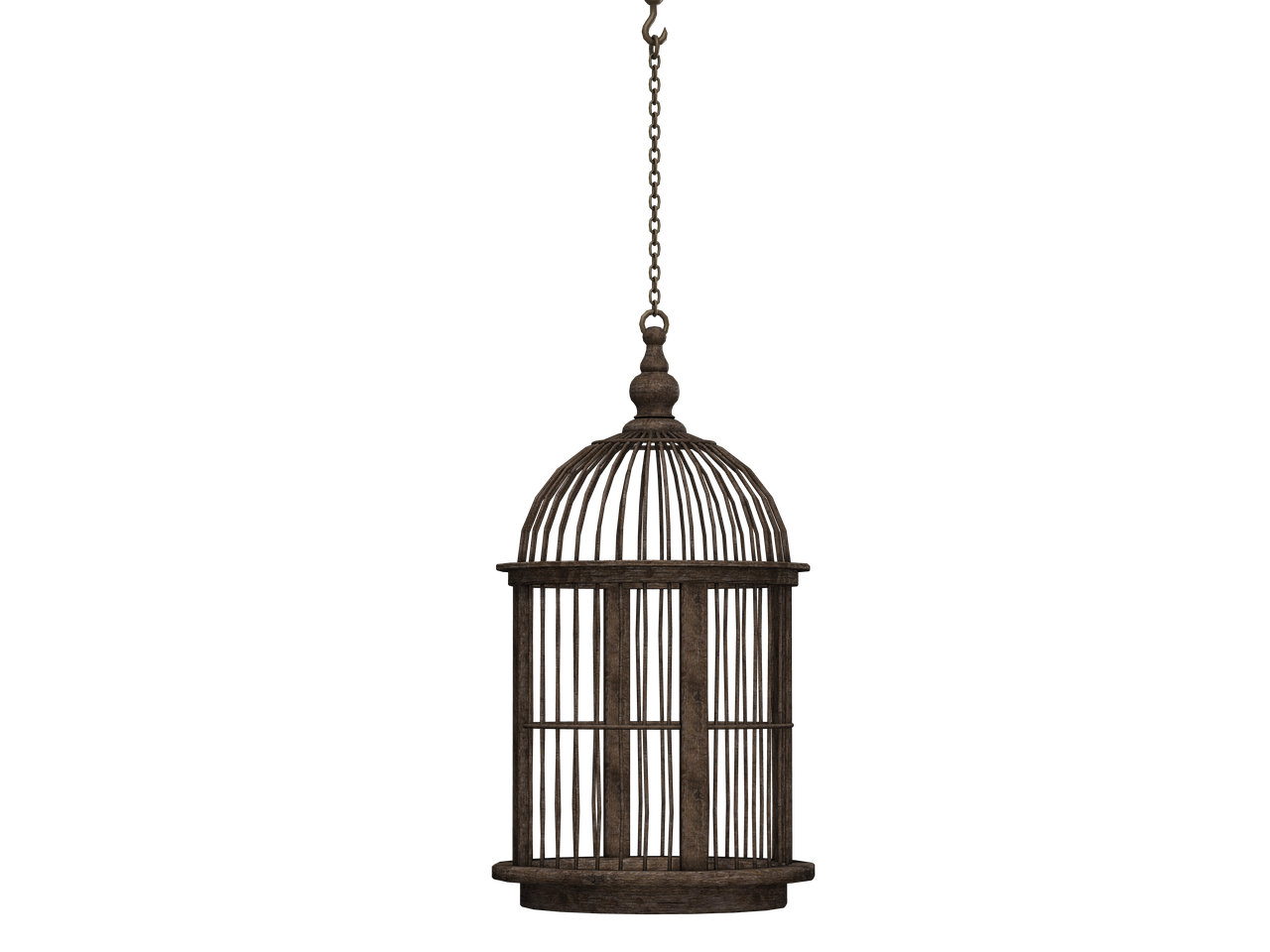 a rustic metal birdcage hangs from a chain against a black background.