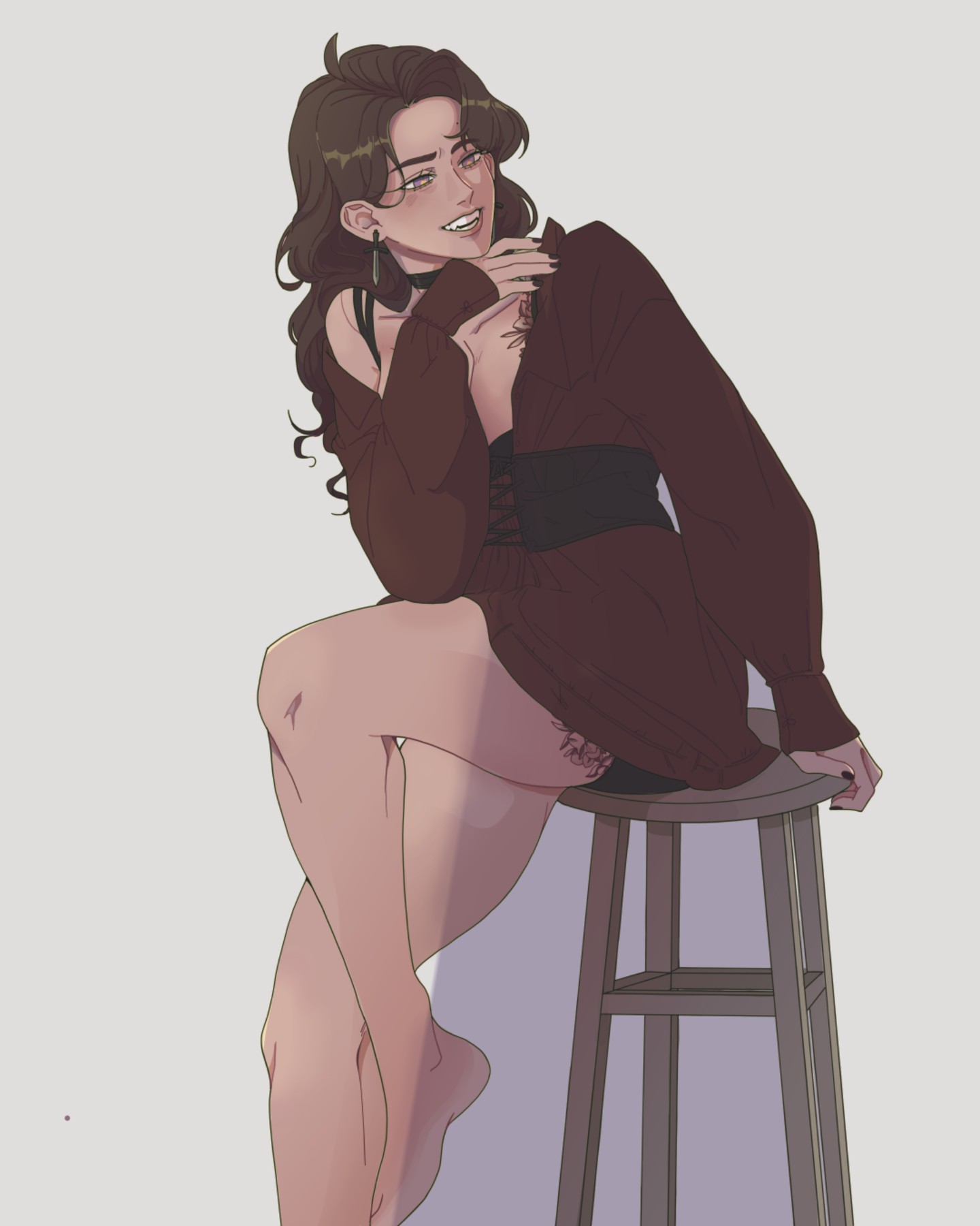 the image is a digital illustration of a young woman, styled in an anime aesthetic.  she has long, dark brown hair and is wearing a maroon, slightly offtheshoulder dress with a black belt.  she is sitting confidently on a wooden stool, one leg crossed over the other, with her legs slightly parted. her expression is a sly, selfassured smirk. the overall style leans towards the elegant and slightly gothic, with the color palette being muted and sophisticated.  the lighting and shading create a soft, almost dreamy effect.