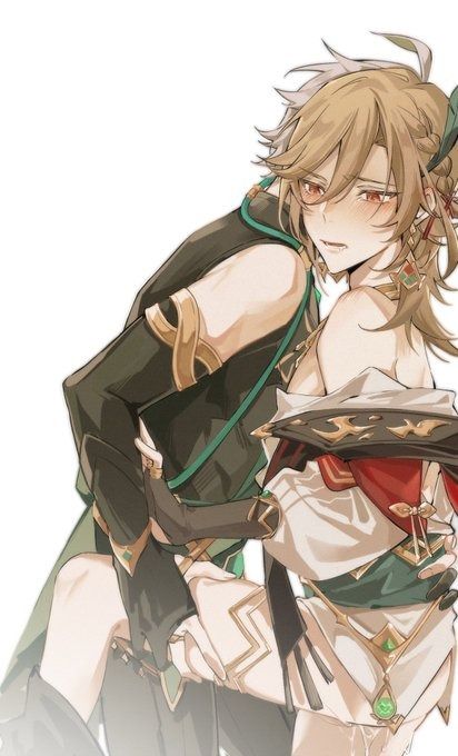 the image is a piece of fanart depicting xiao and scaramouche from the game genshin impact in a close embrace.  xiao, with his signature white and blonde hair, is holding scaramouche, who has blonde hair and is blushing slightly.  their clothing is detailed and consistent with their ingame designs, featuring greens, golds, and reds. the art style is typical of anime and features soft shading and a romantic tone, suggestive of a boys' love (bl) relationship between the two characters.  the overall impression is one of intimacy and affection.